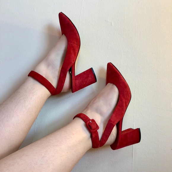 red pointed toe strappy heels